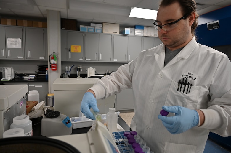 U.S. Army Corps of Engineers St. Louis District Formerly Utilized Sites Remedial Action Program lab technician, Wes LeBegue conducts testing on samples collected from Jana Elementary School (US Army Photo by JP Rebello)