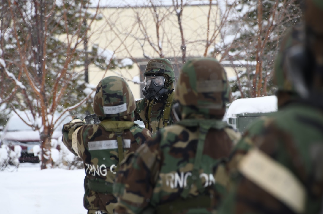 Airmen of the 168th Wing perform post-attack reconnaissance sweeps during phase II of Golden Raven 23-1 at Eielson Air Force Base, Alaska, Nov. 4, 2022. The PAR team provides communication to execute mission-essential tasks while operating in Chemical Biological radiological and nuclear environment environments. (U.S. Air National Guard photo by Senior Master Sgt. Julie Avey)