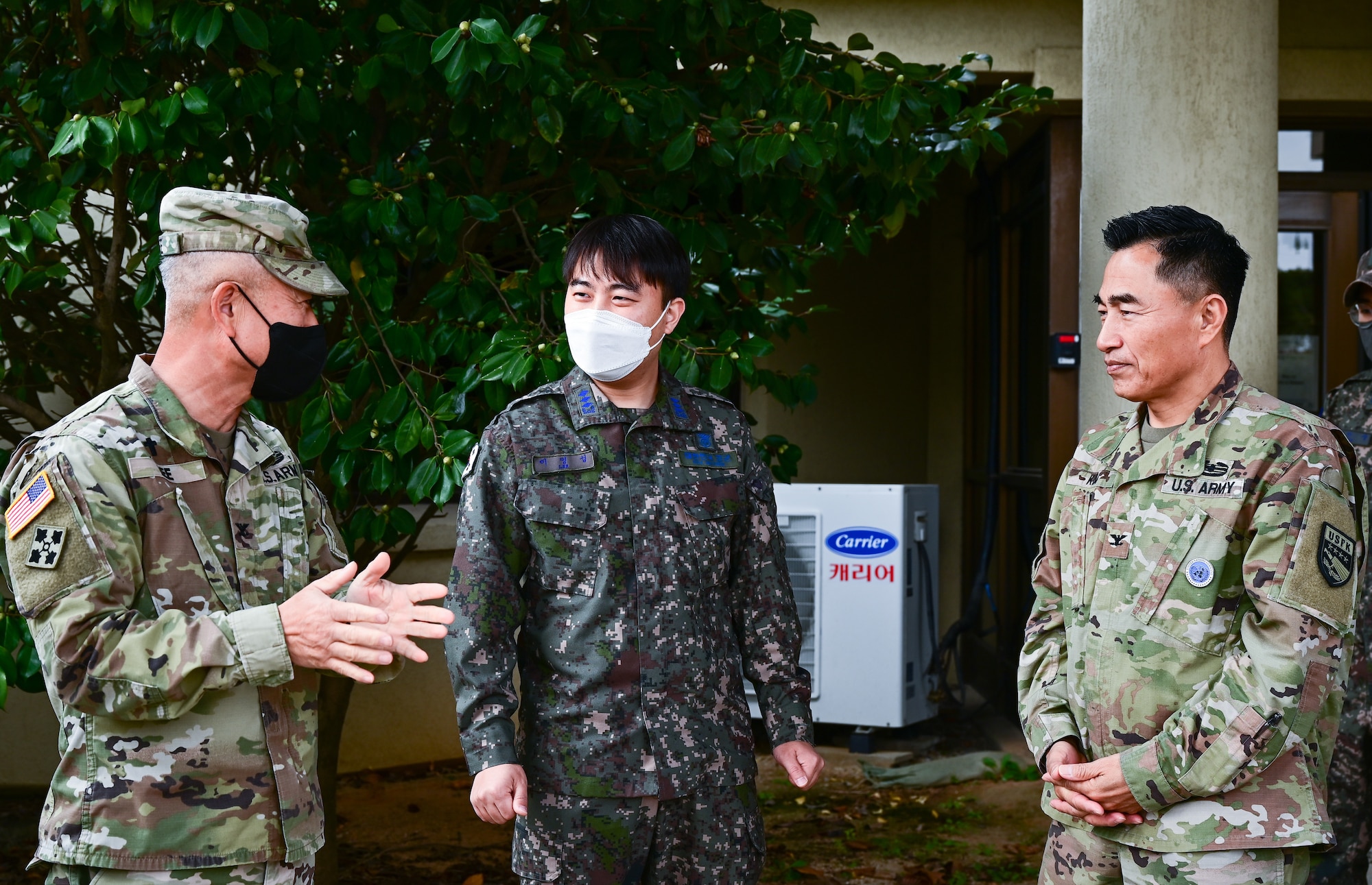 U.S. Army Chaplain (COL) Sun Lee (left), U.S. Army Garrison Humphreys chaplain, Republic of Korea Air Forces Chaplain (Maj.) Myoung Sung Lee (center), 38th Fighter Group wing chaplain, and U.S. Army Chaplain (COL) Chul W. Kim, U.S. Forces Korea and United Nations Command chaplain, speak during the inaugural Clergy Day at Kunsan Air Base, Republic of Korea, Nov. 8, 2022. Spiritual leaders from various religions such as the Church of Latter-Day Saints, Buddhism and many more attended a fellowship luncheon followed by a tour to learn about the Wolf Pack’s mission in the Indo-Pacific theater. (U.S. Air Force photo by Staff Sgt. Sadie Colbert)