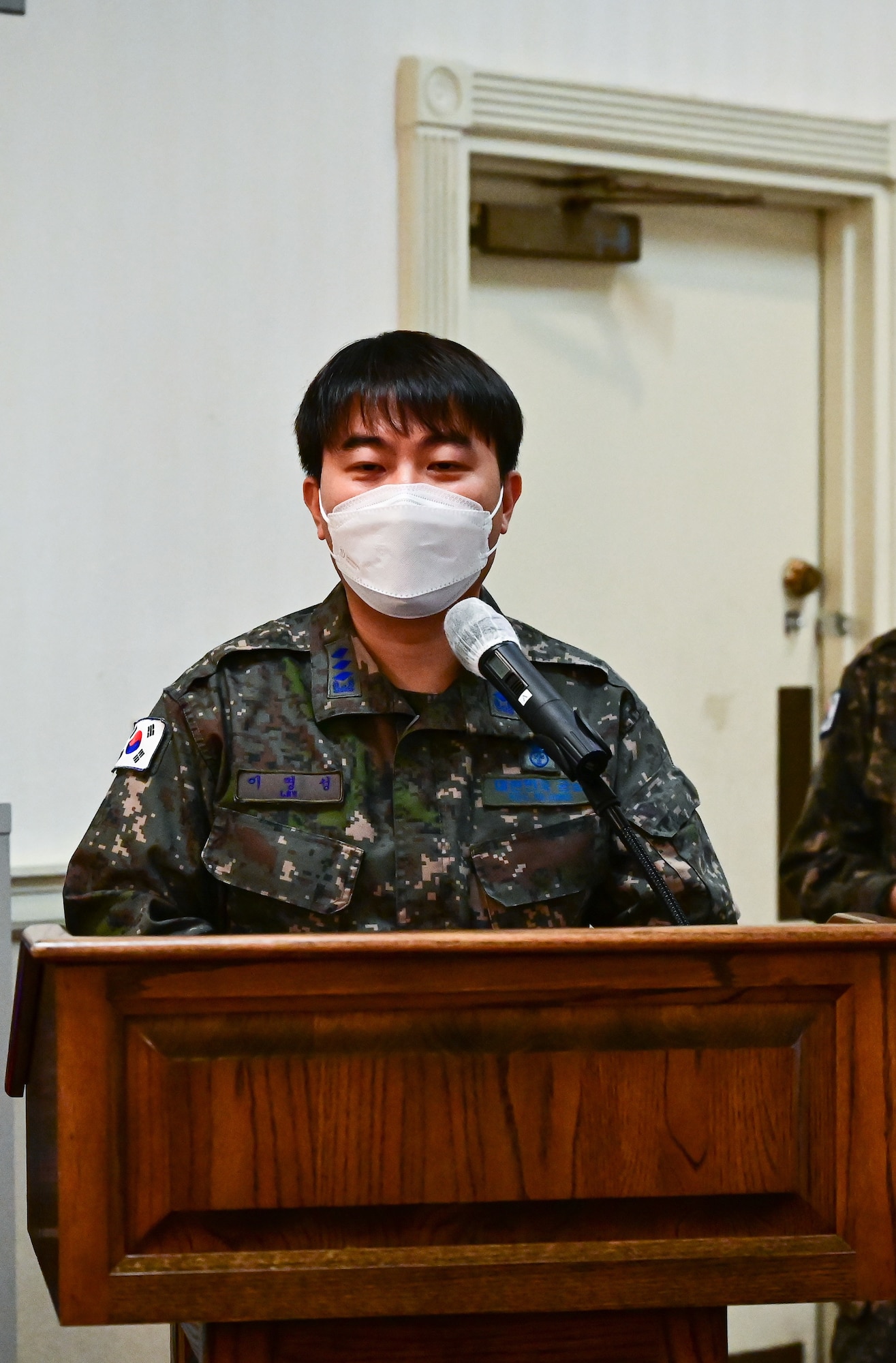 Republic of Korea Air Forces Chaplain (Maj.) Myoung Sung Lee, 38th Fighter Group wing chaplain, gives remarks during the inaugural Clergy Day at Kunsan Air Base, Republic of Korea, Nov. 8, 2022. Like U.S. service members, ROKAF personnel also hold religious services on the installation and will conduct U.S.-ROKAF combined services in the future. (U.S. Air Force photo by Staff Sgt. Sadie Colbert)