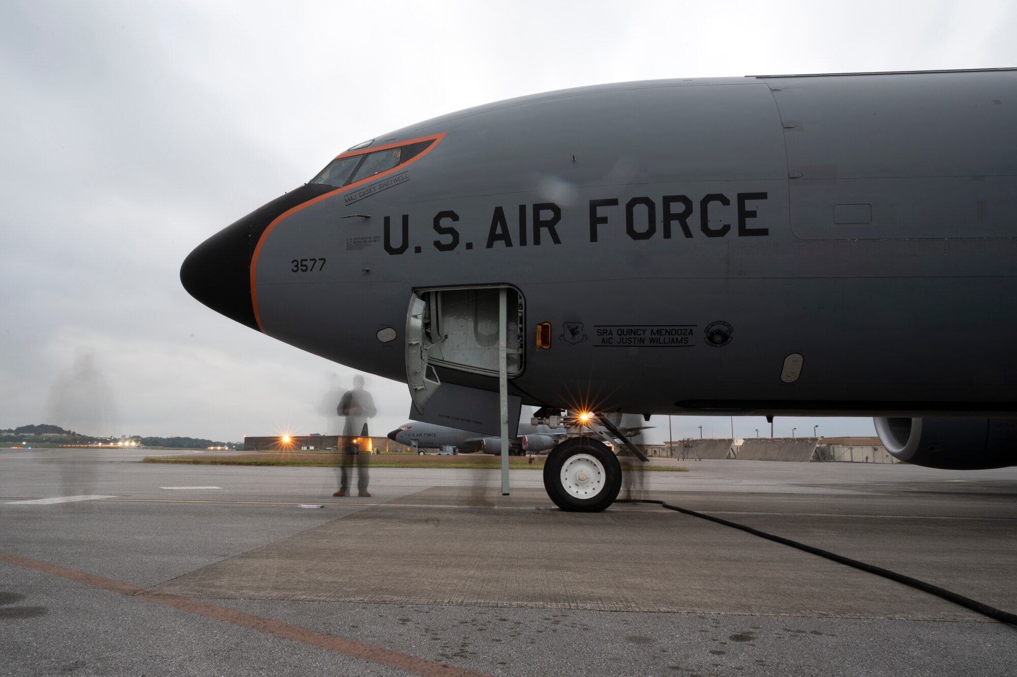 A U.S. Air Force KC-135 Stratotanker assigned to the 909th Air Refueling Squadron sits on the flightline prior to a refueling flight at Kadena Air Base, Japan, Nov. 4, 2022. The KC-135 Stratotanker provides the core aerial refueling capability for the Department of Defense, supporting the U.S. Navy, U.S. Marine Corps, and Allied nation aircraft. (U.S. Air Force photo by Senior Airman Jessi Roth)