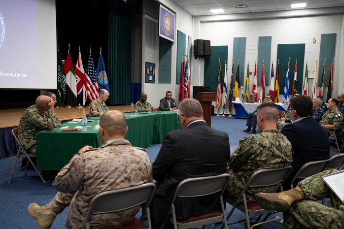 MANAMA, Bahrain (Nov. 8, 2022) A group of panelists speaks to military and industry representatives during International Maritime Security Construct’s biannual stakeholders conference in Bahrain, Nov. 8. The half-day conference included topics on maritime security, coalition and industry partnerships, and innovation.