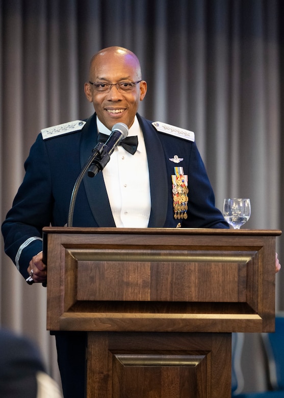 Air Force Chief of Staff Gen. CQ Brown, Jr. speaks at the 75th Anniversary Air Force Ball hosted at Joint Base Anacostia-Bolling, Washington, D.C., Sept. 9, 2022. The monumental event highlighted the Air Force’s achievements and milestones throughout its 75-year history. (U.S. Air Force photo by Airman Bill Guilliam)
