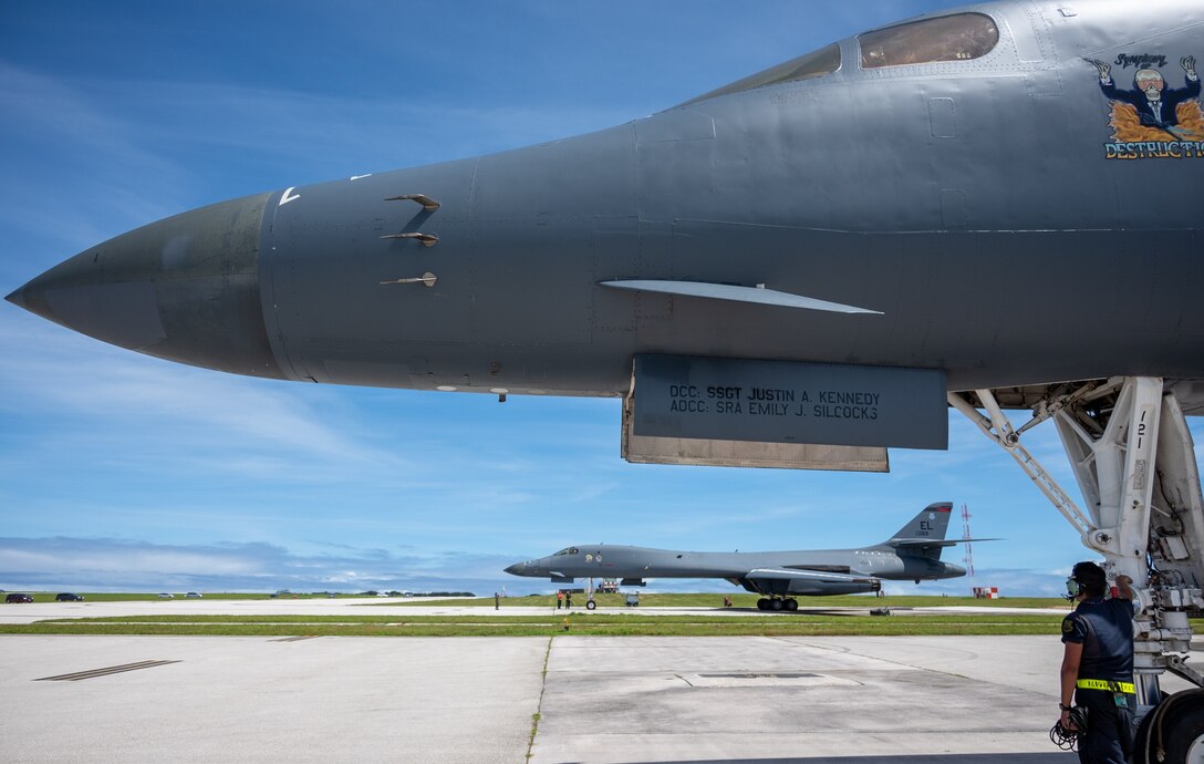 U.S. Air Force B-1B Lancers assigned to the 37th Expeditionary Bomb Squadron, Ellsworth Air Force Base, South Dakota, prepare to taxi in support of a Bomber Task Force Mission at Andersen AFB, Guam, Nov. 5, 2022. BTF missions contribute to joint force lethality and deter aggression in the Indo-Pacific by demonstrating the U.S. Air Force’s ability to operate anywhere in the world at any time in support of the National Defense Strategy. (U.S. Air Force photo by Senior Airman Yosselin Campos)