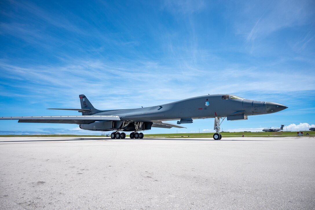 A U.S. Air Force B-1B Lancer assigned to the 37th Expeditionary Bomb Squadron, Ellsworth Air Force Base, South Dakota, taxis down the flight line in support of a Bomber Task Force Mission at Andersen AFB, Guam, Nov. 5, 2022. BTF Task Force missions demonstrate lethality and interoperability in support of a free and open Indo-Pacific. (U.S. Air Force photo by Senior Airman Yosselin Campos)