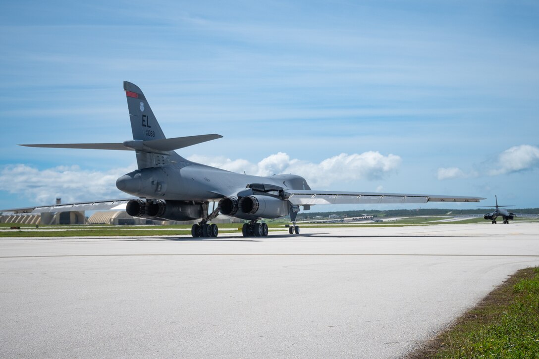 U.S. Air Force B-1B Lancers assigned to the 37th Expeditionary Bomb Squadron, Ellsworth Air Force Base, South Dakota, taxi down the flight line in support of a Bomber Task Force mission at Andersen AFB, Guam, Nov. 5, 2022. The U.S. Air Force looks for every opportunity to train alongside allies and partners to build interoperability and bolster a collective ability to support a free and open Indo-Pacific. (U.S. Air Force photo by Senior Airman Yosselin Campos)