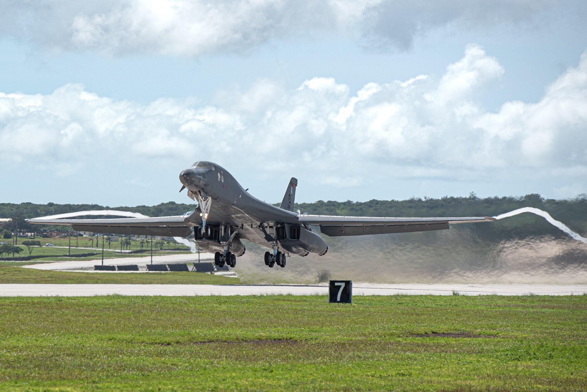 A U.S. Air Force B-1B Lancer assigned to the 37th Expeditionary Bomb Squadron, Ellsworth Air Force Base, South Dakota, takes off in support of a Bomber Task Force mission at Andersen AFB, Guam, Nov. 5, 2022. BTF missions contribute to joint force lethality and deter aggression in the Indo-Pacific by demonstrating the U.S. Air Force’s ability to operate anywhere in the world at any time in support of the National Defense Strategy. (U.S. Air Force photo by Senior Airman Yosselin Campos)