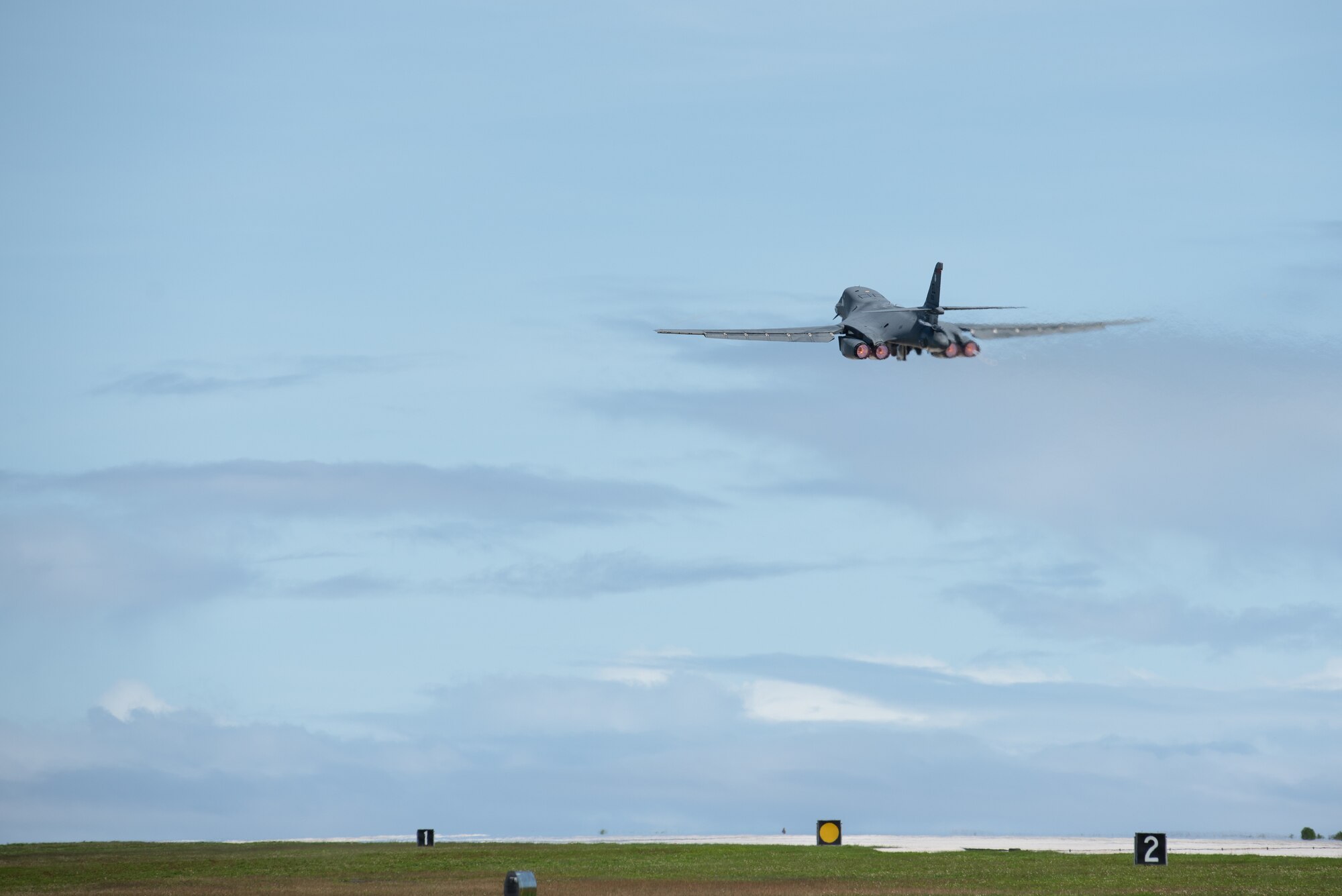 A U.S. Air Force B-1B Lancer assigned to the 37th Expeditionary Bomb Squadron, Ellsworth Air Force Base, South Dakota, takes off in support of a Bomber Task Force mission at Andersen AFB, Guam, Nov. 5, 2022. The U.S. Indo-Pacific Command routinely and visibly demonstrates its commitment to allies and partners through the employment of military forces, demonstrating strategic predictability, while becoming more operationally unpredictable to adversaries. (U.S. Air Force photo by Senior Airman Yosselin Campos)