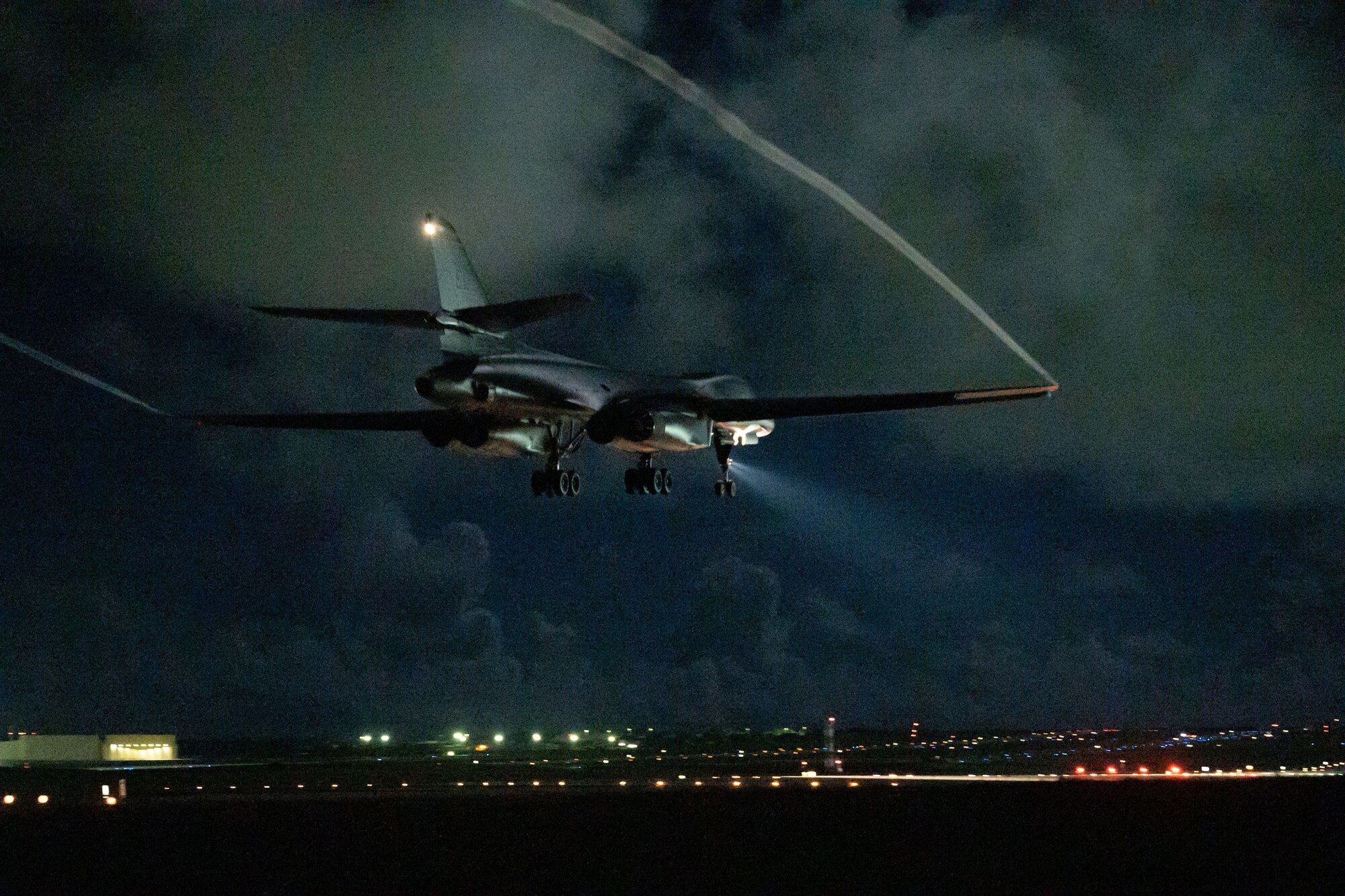 A U.S. Air Force B-1B Lancer assigned to the 37th Expeditionary Bomb Squadron, Ellsworth Air Force Base, South Dakota, lands after a Bomber Task Force mission at Andersen AFB, Guam, Nov. 7, 2022. BTF missions highlight the importance of working with Allies, partners and other U.S. joint military units to bolster the collective ability to support a free and open Indo-Pacific. (U.S. Air Force photo by Staff Sgt. Hannah Malone)