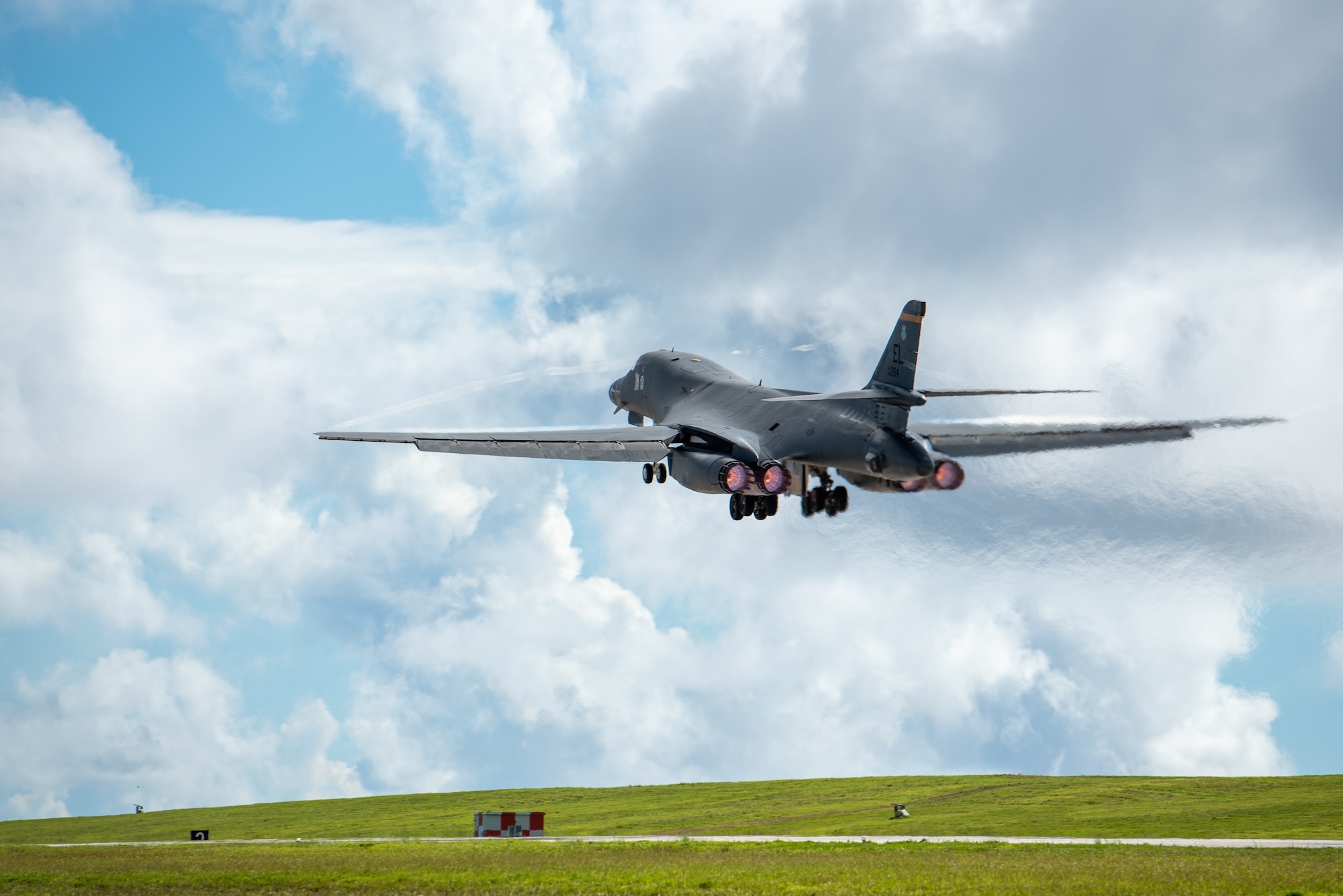 A U.S. Air Force B-1B Lancer assigned to the 37th Expeditionary Bomb Squadron, Ellsworth Air Force Base, South Dakota, takes off in support of a Bomber Task Force mission at Andersen AFB, Guam, Nov. 7, 2022. BTF missions are designed to showcase Pacific Air Force’s ability to deter, deny and dominate any influence or aggression from adversaries or competitors. (U.S. Air Force photo by Senior Airman Yosselin Campos)