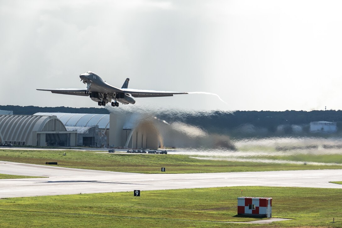 A U.S. Air Force B-1B Lancer assigned to the 37th Expeditionary Bomb Squadron, Ellsworth Air Force Base, South Dakota, takes off in support of a Bomber Task Force mission at Andersen AFB, Guam, Nov. 2, 2022. BTF missions enhance readiness, to include joint and multilateral, to respond to any potential crisis or challenge in the Indo-Pacific. (U.S. Air Force photo by Senior Airman Yosselin Campos)