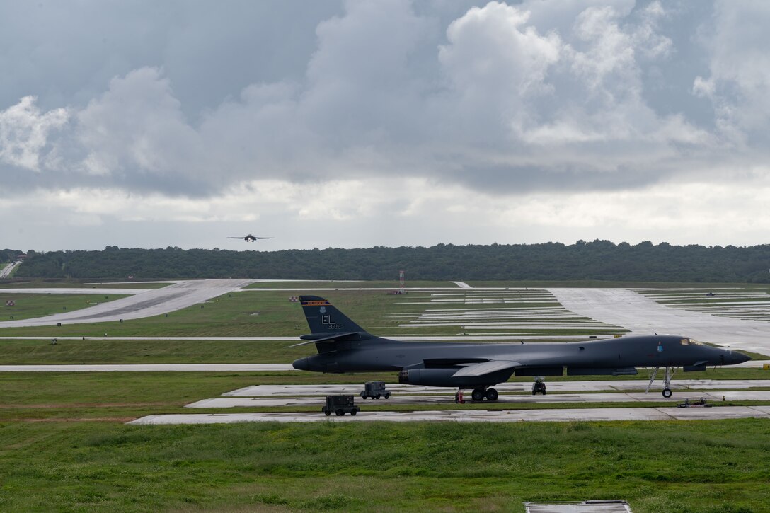 A U.S. Air Force B-1B Lancer assigned to the 37th Expeditionary Bomb Squadron, Ellsworth Air Force Base, South Dakota, approaches the runway after a Bomber Task Force mission at Andersen AFB, Guam, Nov. 4, 2022. These missions enhance readiness, to include joint and multilateral, to respond to any potential crisis or challenge in the Indo-Pacific. (U.S. Air Force photo by Staff Sgt. Hannah Malone)