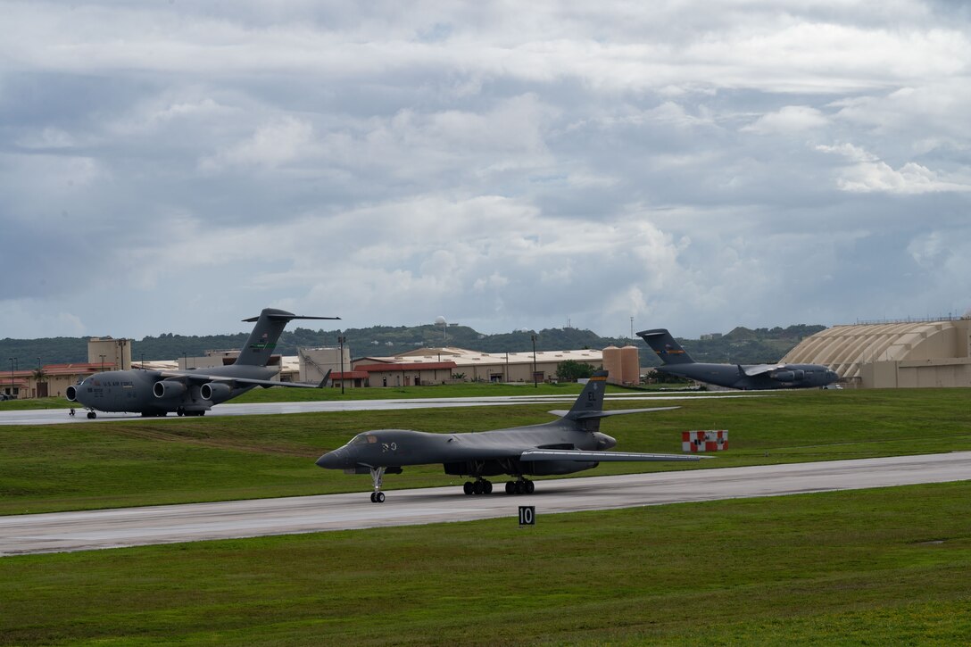 A U.S. Air Force B-1B Lancer assigned to the 37th Expeditionary Bomb Squadron, Ellsworth Air Force Base, South Dakota, taxis down the runway after a Bomber Task Force mission at Andersen AFB, Guam, Nov. 4, 2022. BTF missions support the National Defense Strategy objectives of strategic predictability and operational unpredictability through the speed, flexibility, and readiness of U.S. strategic bombers. (U.S. Air Force photo by Staff Sgt. Hannah Malone)