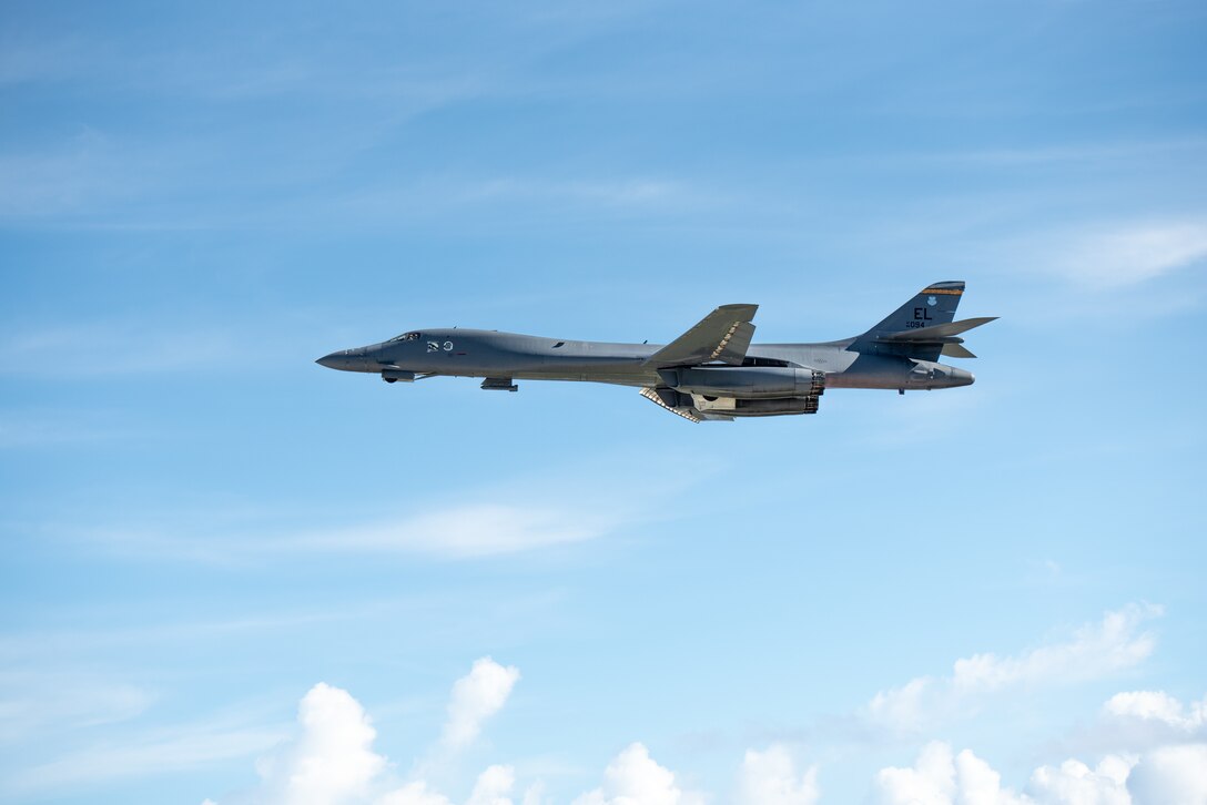 A U.S. Air Force B-1B Lancer assigned to the 37th Expeditionary Bomb Squadron, Ellsworth Air Force Base, South Dakota, takes off in support of a Bomber Task Force mission at Andersen AFB, Guam, Nov. 2, 2022. BTF missions demonstrate lethality and interoperability in support of a free and open Indo-Pacific. (U.S. Air Force photo by Senior Airman Yosselin Campos)
