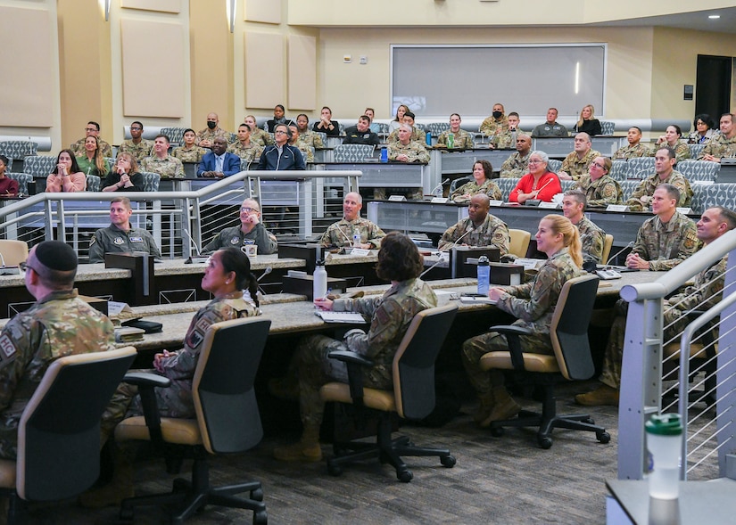 Joint Base Andrews personnel listen to Simon Sinek, author and inspirational speaker, at the General Jacob E. Smart Conference Center at JBA, Md., Nov. 9, 2022. This was the inaugural event hosted by the 316th Force Support Squadron in a series of events promoting professional development. (U.S. Air Force photo by Airman 1st Class Matthew-John Braman)