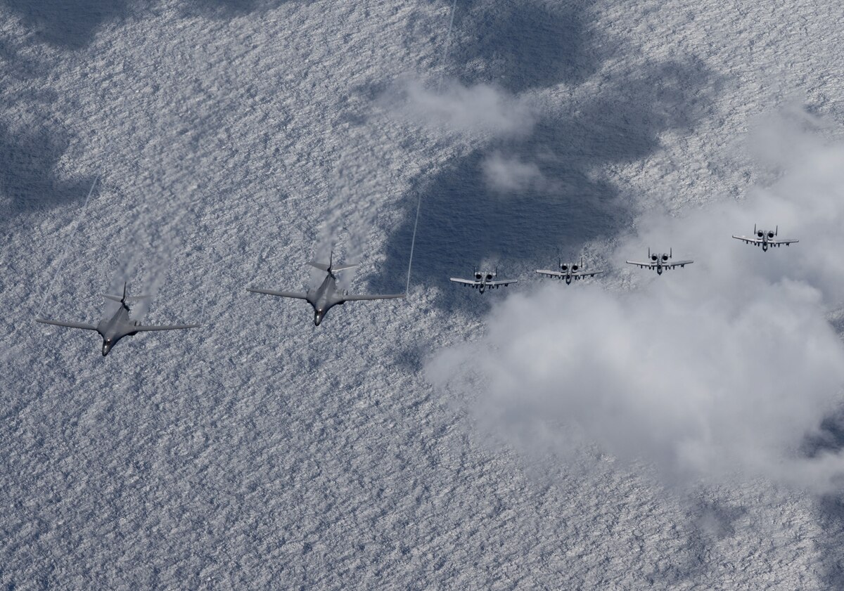 B-1B Lancers, A-10C Thunderbolts fly aerial integration sortie over Pacific Ocean