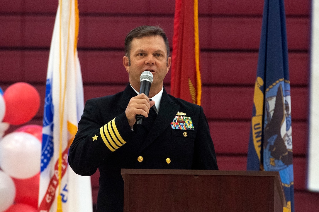 Naval Base Commanding Officer Captain Ted Carlson opens up the 2022 Armed Forces Men’s and Women’s Basketball Championships held at the Admiral Prout Fieldhouse on Naval Base San Diego, California from 5-13 November 2022. Service members from the Army, Marine Corps, Navy (with Coast Guard players, and Air Force (with Space Force players) battle it out for gold.  Visit www.ArmedForcesSports.defense.gov to learn more about the Armed Forces Sports program and the other sports offered.   (DoD photo by EJ Hersom)