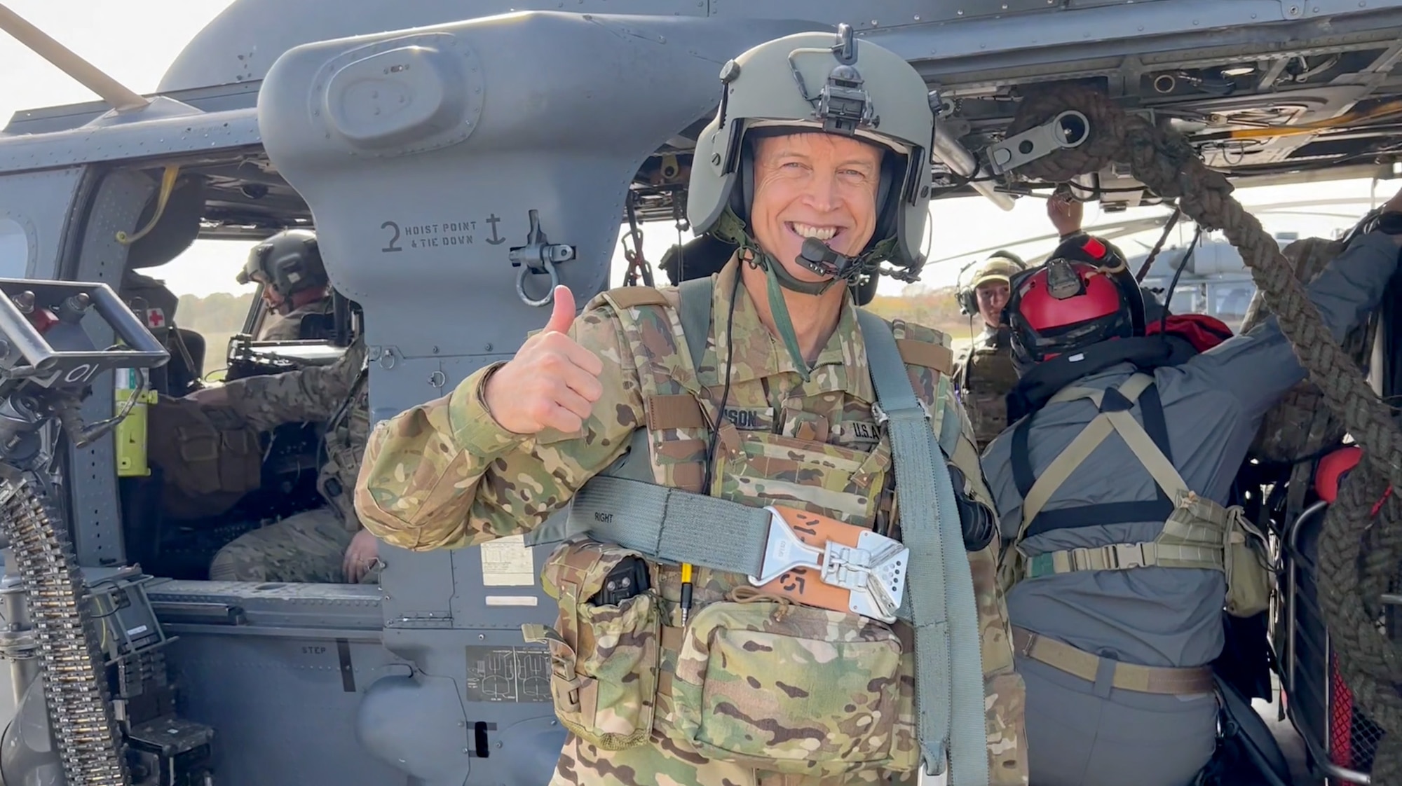 Army Gen. Daniel R. Hokanson, chief of the National Guard Bureau, gives a thumbs up as he prepares to fly in an HH-60G Pave Hawk helicopter during his visit with the New York Air National Guard’s 106th Rescue Wing at F.S. Gabreski Air National Guard Base in Westhampton Beach, New York, Nov. 5, 2022. Hokanson has over 2600 flight hours, including 50 combat hours, and has flown the AH-64, OH-58, TH-55, UH-1 and UH-60.