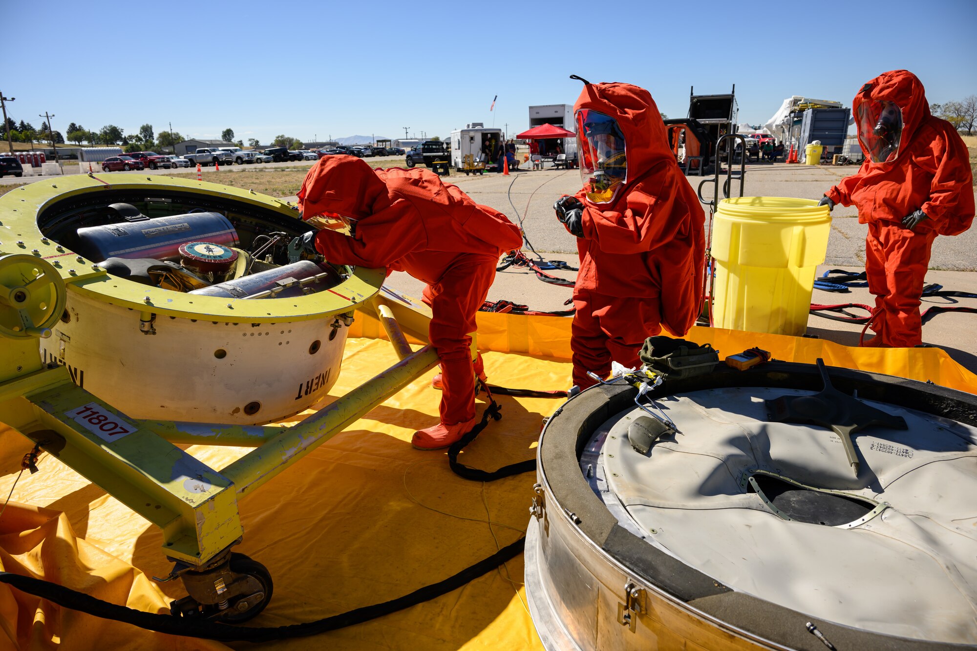 Members of the Missile Mishap Response Team work on a Minuteman III inert guidance system during a training event at Hill Air Force Base, Utah, Oct. 4, 2022.