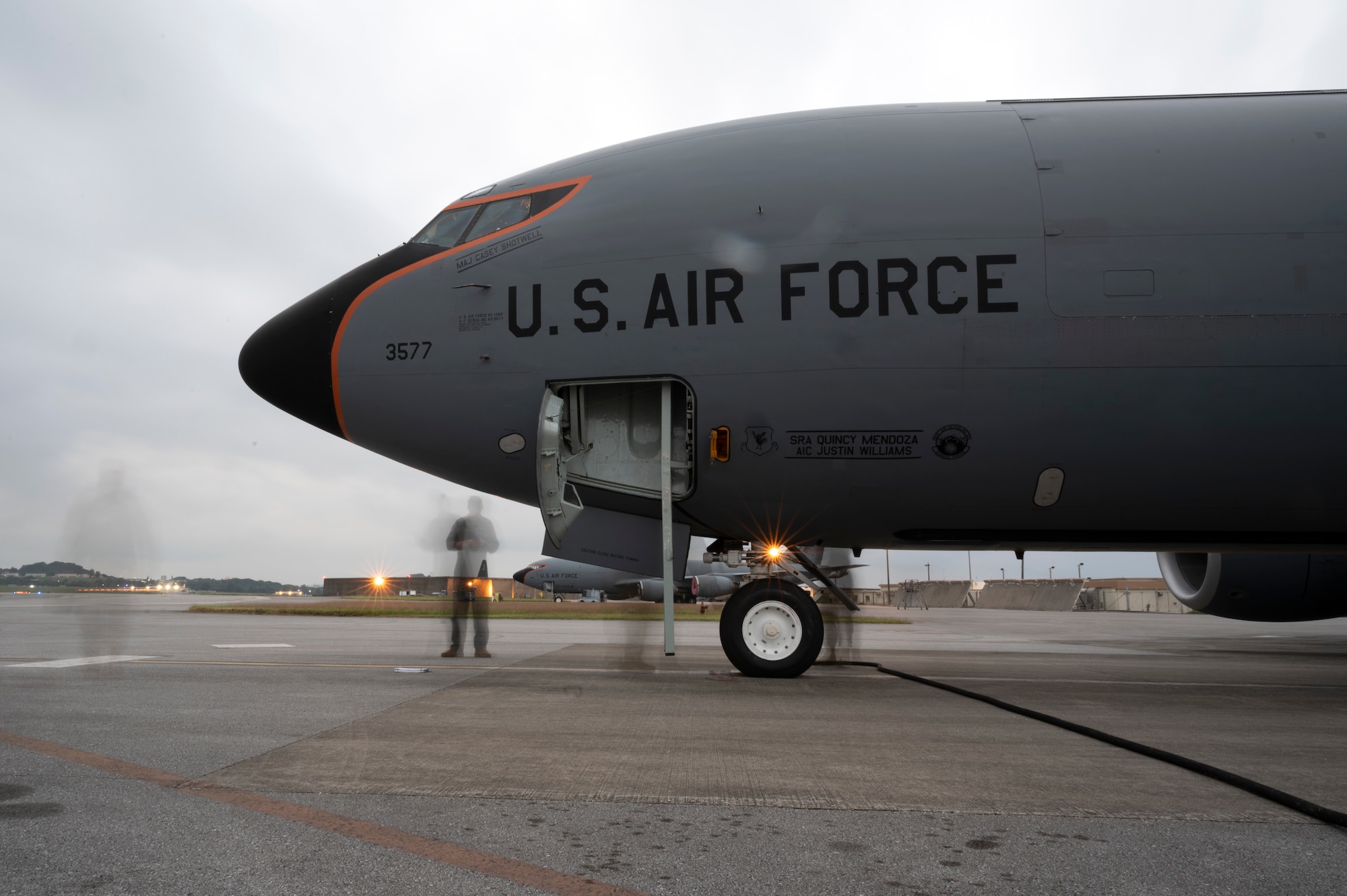 A U.S. Air Force KC-135 Stratotanker assigned to the 909th Air Refueling Squadron sits on the flightline prior to a refueling flight at Kadena Air Base, Japan, Nov. 4, 2022. The KC-135 Stratotanker provides the core aerial refueling capability for the Department of Defense, supporting the U.S. Navy, U.S. Marine Corps, and Allied nation aircraft. (U.S. Air Force photo by Senior Airman Jessi Roth)