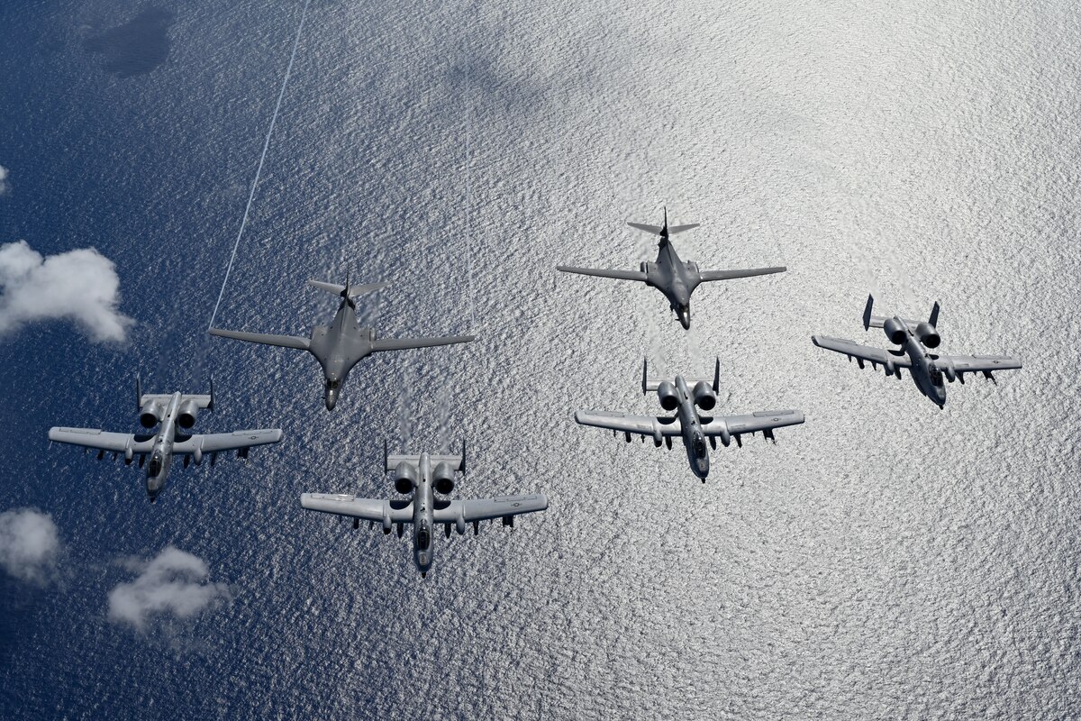 B-1B Lancers, A-10C Thunderbolts fly aerial integration sortie over Pacific Ocean