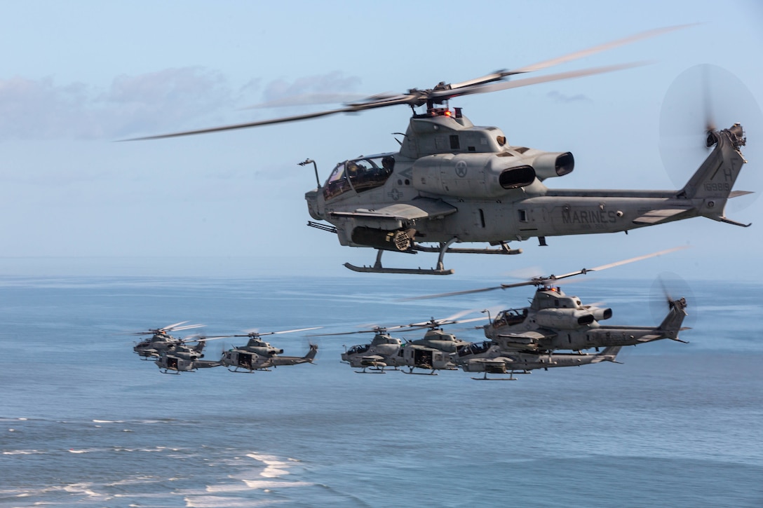 U.S. Marines with Marine Light Attack Helicopter Squadron (HMLA) 269 fly AH-1Z Vipers and UH-1Y Venoms near Marine Corps Air Station New River, North Carolina, Nov. 7, 2022. This was the last flight for HMLA-269, which is deactivating in accordance with Force Design 2030. HMLA-269 is a subordinate unit of 2nd Marine Aircraft Wing, the aviation combat element of II Marine Expeditionary Force. (U.S. Marine Corps photo by Pfc. Rowdy Vanskike)
