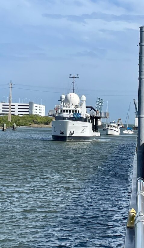 Space X Vessel Megan approaches Canaveral Lock to find safe harbor at the Kennedy Space Center in advance of the arrival of Nicole.