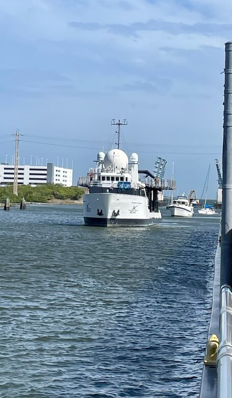 Space X Vessel Megan approaches Canaveral Lock to find safe harbor at the Kennedy Space Center in advance of the arrival of Nicole.