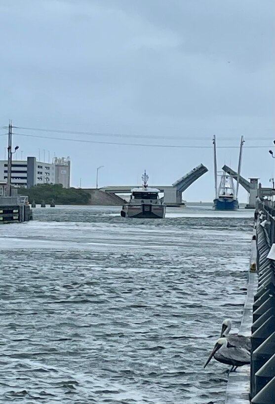 Space X Vessel Megan approaches Canaveral Lock to find safe harbor at the Kennedy Space Center in advance of the arrival of Nicole.