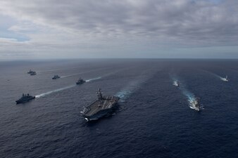The Gerald R. Ford Carrier Strike Group and NATO ships transit the Atlantic Ocean.