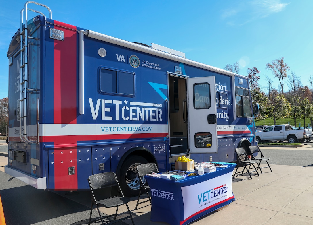 One of the U.S. Department of Veterans Affairs’ Mobile Vet Centers opens its doors for tours during a ceremony commemorating the partnership between the U.S. Marine Corps and the VA to provide the Mobile Vet Center services to eligible service members at the National Museum of the Marine Corps, Triangle, Virginia, Nov. 8, 2022. Vet Centers offer confidential help for Veterans, service members, and their families in a non-medical setting. The 300 Vet Centers and more than 80 Mobile Vet Centers are used as points of care to enhance the existing support service provided by the Marine Corps. (U.S. Marine Corps photo by Ashley Boster)
