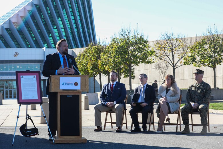 From left, Michael Fisher, chief readjustment counseling officer, Readjustment Counseling Services, Veterans Health Administration, Edward McEvoy, national outreach program specialist, Readjustment Counseling Services, Veterans Health Administration, Steven Lieberman, M.D., deputy under secretary for health, Veterans Health Administration, Marie C. Balocki, director, Marine and Family Programs Divisions, Headquarters, U.S. Marine Corps, and U.S. Navy Cmdr. Christopher Blair, senior clinical advisor, Marine and Family Division, Manpower and Reserves Affairs attend the memorandum of understanding ceremony commemorating the partnership between the U.S. Marine Corps and the VA to provide the Mobile Vet Center services to eligible service members at the National Museum of the Marine Corps, Triangle, Virginia, Nov. 8, 2022. The VA signed a MOU with the U.S. Marine Corps which establishes a strategic behavioral health partnership to provide the Mobile Vet Centers’ non-medical counseling, staff, and other services to eligible Marines and family members. (U.S. Marine Corps photo by Ashley Boster)