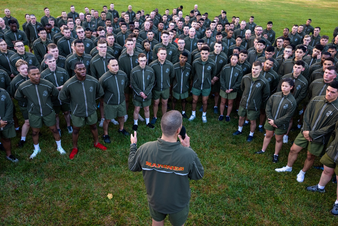 U.S. Marine Corps Sgt. Maj. Collin D. Barry, sergeant major, Marine Corps Base Quantico, speaks to Marines after completing a motivational run honoring the Marine Corps’ 247th birthday run on Marine Corps Base Quantico, Virginia, Nov. 10, 2022. Each year, Marines come together to celebrate the birthday with ceremonies that recall the history of the Corps and enhance the camaraderie shared across generations of Marines. (U.S. Marine Corps photo by Lance Cpl. Joaquin Dela Torre)
