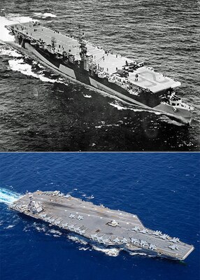 A black and white photo of a WWII carrier and a color photo of the USS Gerald R Ford carrier for comparison.