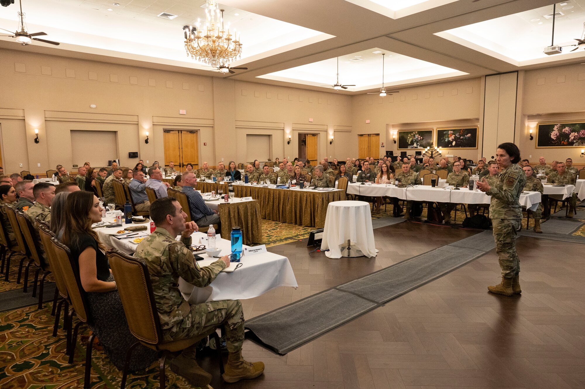 U.S. Air Force Big. Gen. Jeannine Ryder, commander of the 59th Medical Wing, gives a briefing on the military health system transformation during Air Education and Training Command's Gathering of the Torch at Joint Base San Antonio-Lackland, Texas, Nov. 9, 2022.