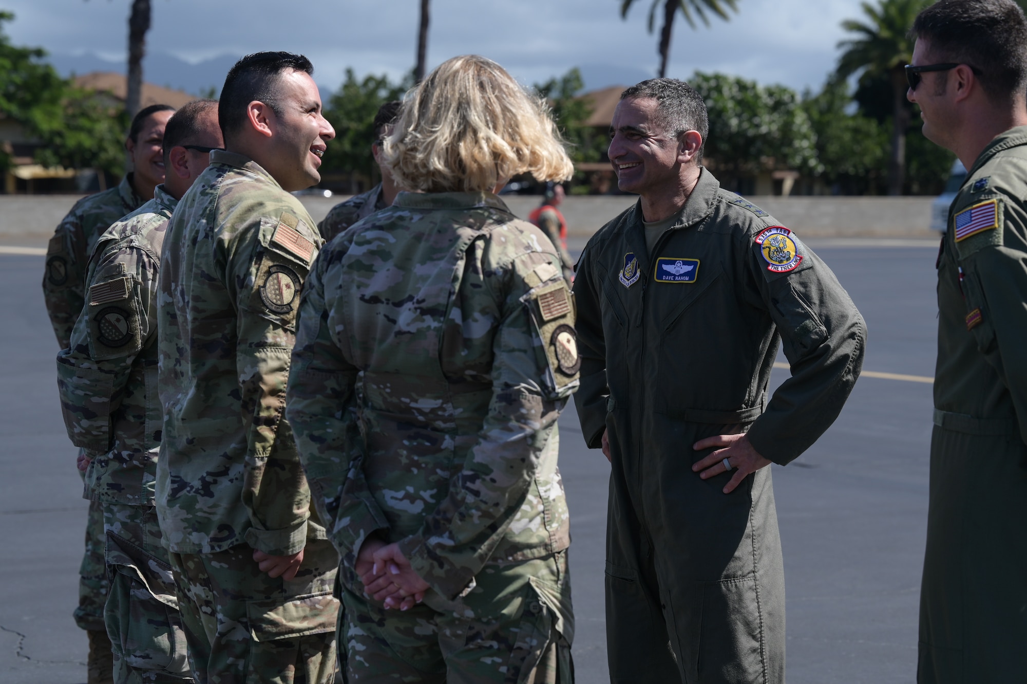 U.S. Air Force Lt. Gen. David Nahom, commander of Alaskan NORAD Region, Alaskan Command and 11th Air Force, speaks to Airmen assigned to the 15th Operations Support Squadron airfield management flight during a 15th Wing immersion tour on Joint Base Pearl Harbor-Hickam, Hawaii, Oct. 24, 2022. During the immersion, Nahom surveyed the airfield alongside Airfield Management where they stressed the importance of the airfield’s support for U.S. Pacific Air Forces and Air Mobility Command missions. (U.S. Air Force photo by Staff Sgt. Alan Ricker)
