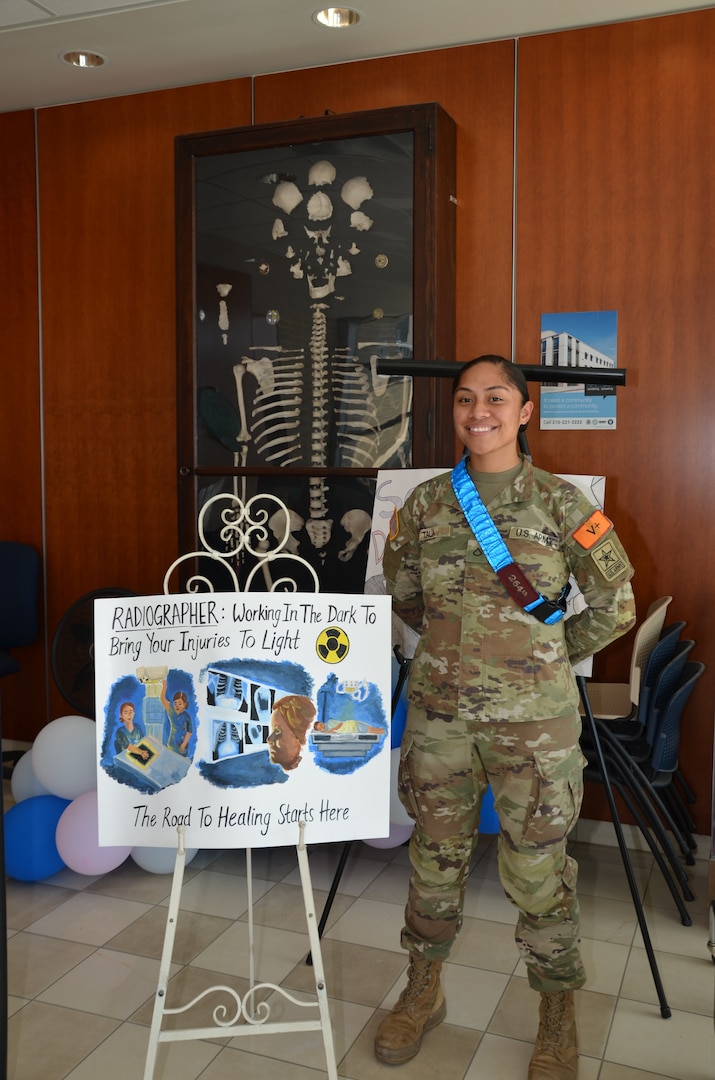 In honor of Radiologic Technology Week, the multi-service Radiologic Technologist program at the Medical Education and Training Campus held a student art contest. The winning artwork, created by Army Pfc. Fale Taua, was submitted to the Radiologic Technology Cover Art Contest sponsored by the American Society of Radiologic Technologists. The winner of the ASRT competition will get their artwork displayed on the cover of its publication, Radiologic Technology, among other prizes.