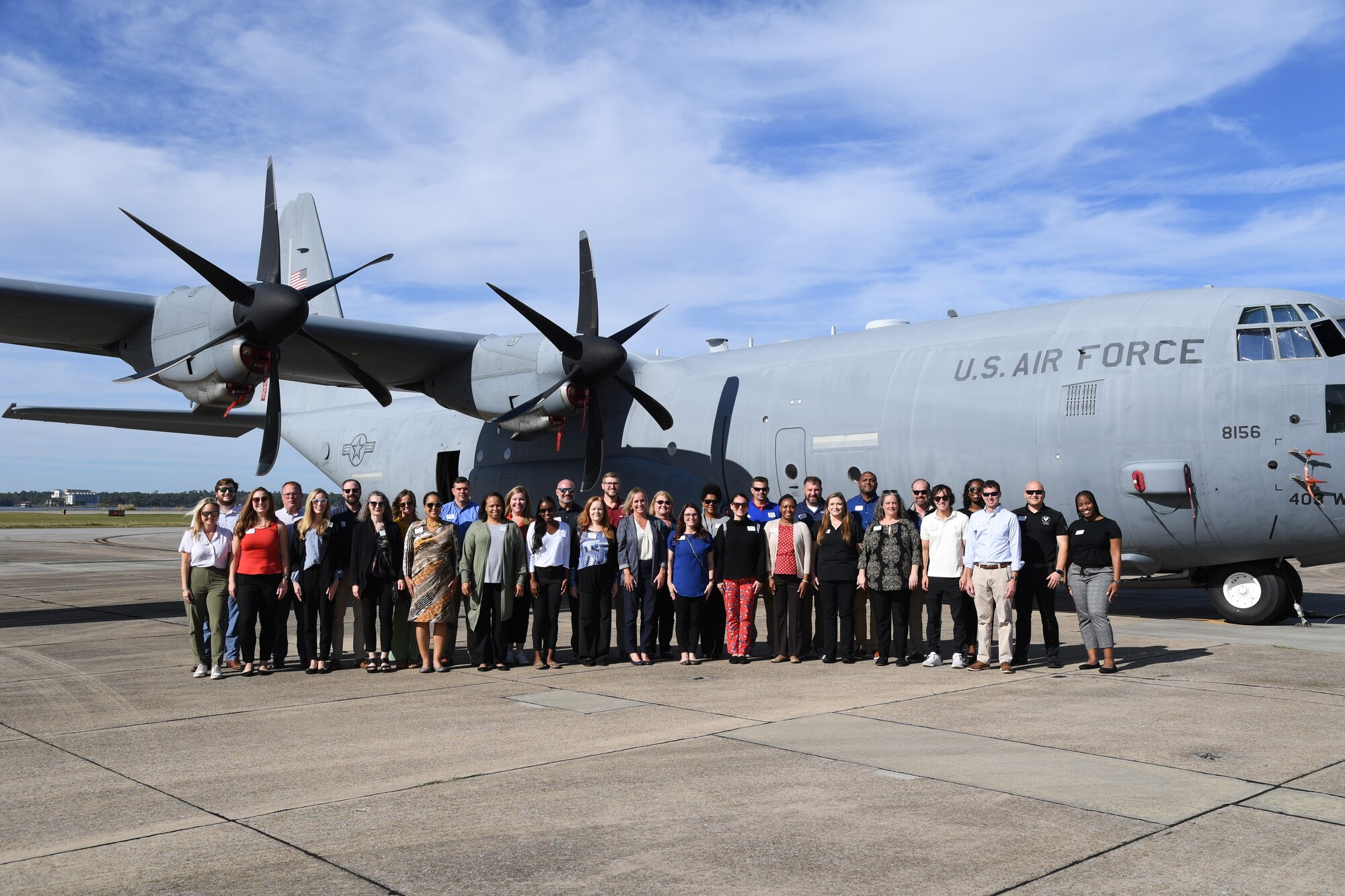 Members of the Mississippi Gulf Coast Chamber of Commerce Leadership Gulf Coast pose for a group photo at Keesler Air Force Base, Mississippi, Nov. 9, 2022.