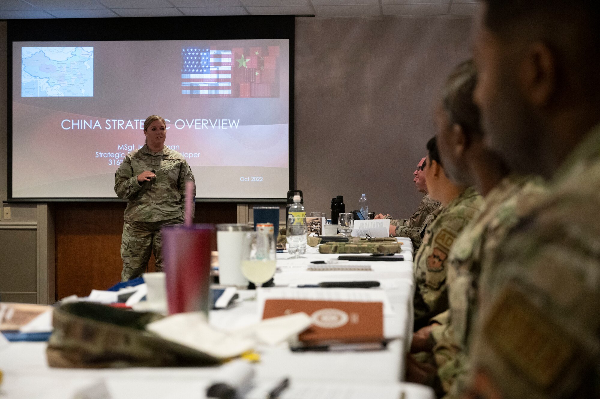 U.S. Air Force Chief Master Sgt. David Snarr, 47th Flying Training Wing command chief, speaks with Senior Non-Commissioned Officers during a Senior NCO Summit event at Laughlin Air Force Base, Texas, Nov. 3, 2022.