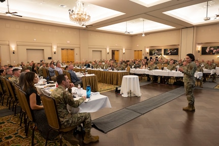 U.S. Air Force Big. Gen. Jeannine Ryder, commander of the 59th Medical Wing, gives a briefing on the military health system transformation during Air Education and Training Command's Gathering of the Torch at Joint Base San Antonio-Lackland, Texas, Nov. 9, 2022.