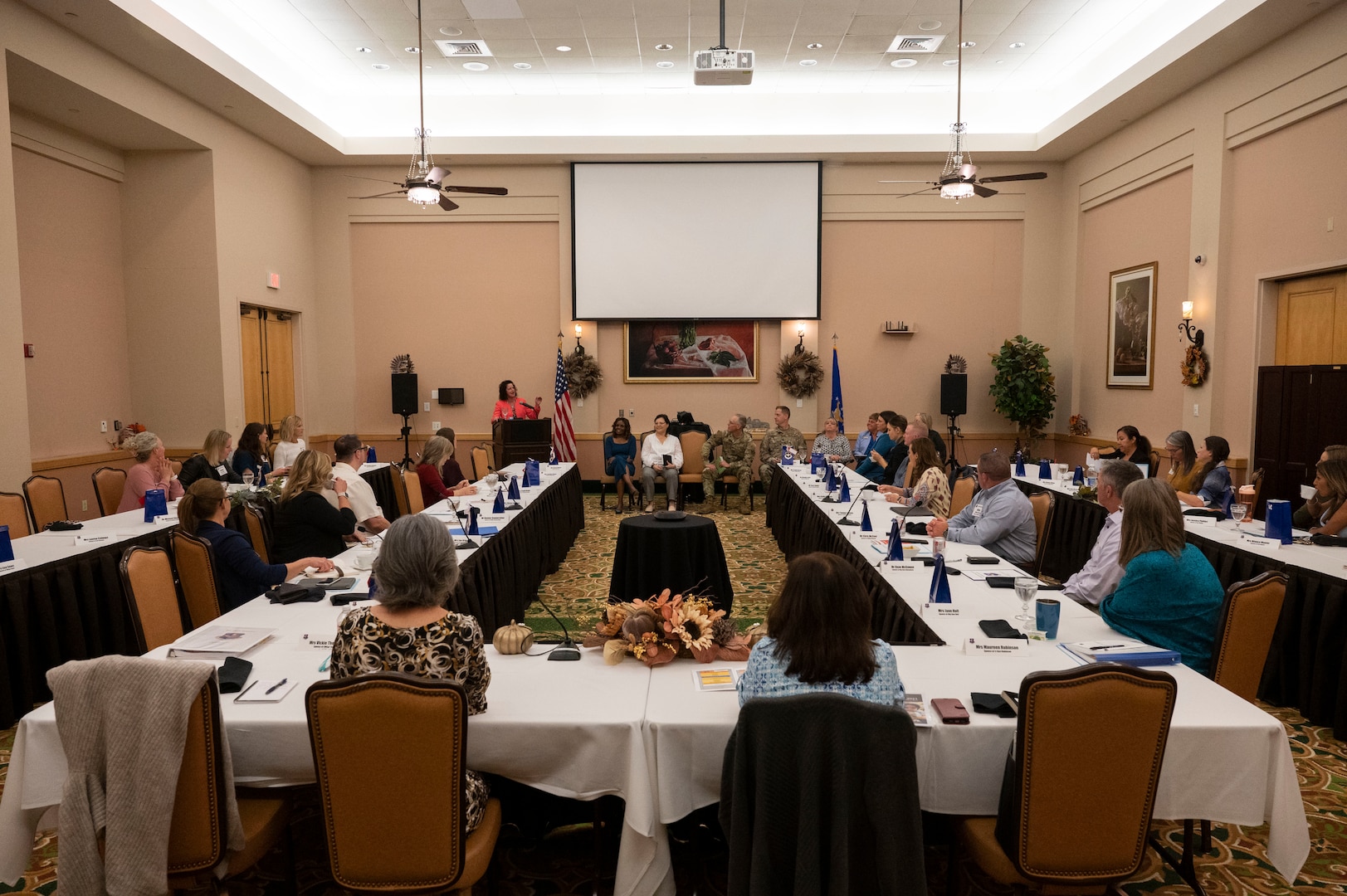 Spouses from across Air Education and Training Command receive a briefing from a panel of military family support services leadership during AETC's Gathering of the Torch at Joint Base San Antonio-Lackland, Texas, Nov. 8, 2022.