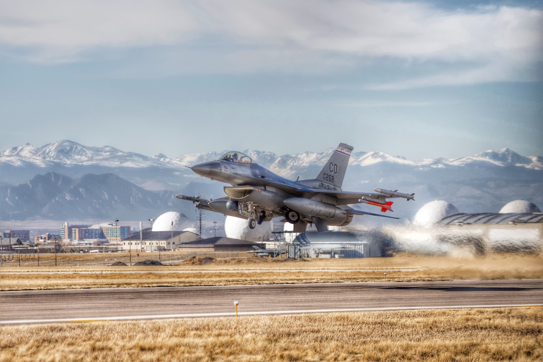 Colorado Air National Guard F16 takes off from Buckley Space Force Base, Colorado