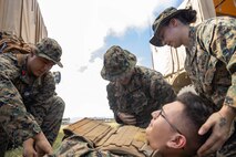 A simulated casualty is treated by Shock Trauma Platoon One, Bravo Surgical Company, 3d Medical Battalion, during an STP and Enroute Care exercise, Landing Zone Boondockers, Marine Corps Base Hawaii, Nov. 1, 2022. The purpose of this training was to assess Bravo Surgical Company’s STP and ERC programs in order to enhance operational readiness. (U.S. Marine Corps photo by Lance Cpl. Cody Purcell)