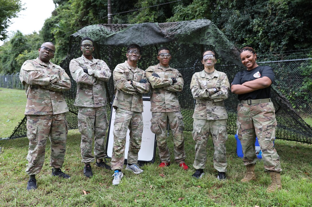 From left, 35th Combat Sustainment Support Battalion Command Sgt. Maj. Paul Denson; “Best Warrior” competitors Spc. Demarr Richmond, Staff Sgt. Miguel Yap, Pfc. Matthew Hicks, Sgt. Nhien Nguyen; and competition coordinator Staff Sgt. Saony Lopez pose for a photo before the medical/first aid event held as part of the second annual competition Oct. 13 on Camp Zama, Japan.