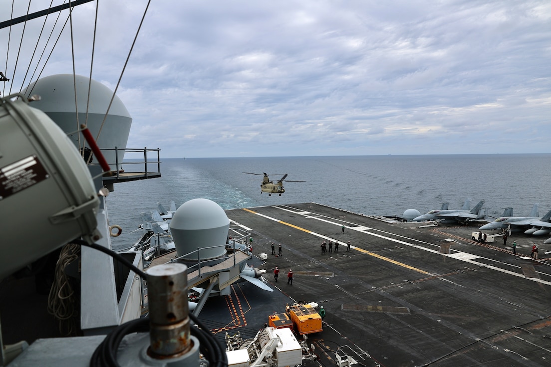 Soldiers from B Company, 3-2 General Support Aviation Battalion, 2nd Combat Aviation Brigade conducted deck landings with CH-47F Chinook helicopters on the the U.S. Navy's only forward-deployed aircraft carrier, USS Ronald Reagan (CVN 76), in the waters east of the Korean peninsula on September 26, 2022. Deck landing qualifications are conducted to certify air crew members and pilots on landing on a ship. This training was conducted in part with the Maritime Counter Special Operations Exercise (MCSOFEX) to strengthen interoperability with our joint partners.