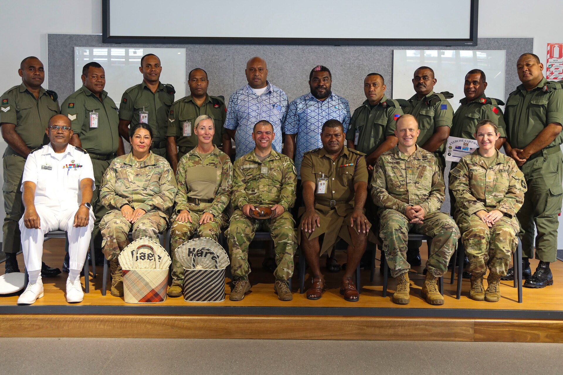 (First row second from the right and from right to left) SSG Maria L. Baez 25th Division Infantry Artillery (DIVARTY) Brigade, CPT Kara, Dreflak Utley,  2nd Battalion, 27th Infantry Regiment, 3rd Infantry Brigade Combat Team, 25th Infantry Division, Chaplain, Major Jono Holland, JP, Ph.D., Lead Chaplain of the Central Region –Linton DHD New Zealand Defense Force NZDF Chaplaincy and Villame Tunidau, Force Chaplain for the Fiji Army, known affectionately as Padre Bill lead and participated in a seven-day course to share best practices from the U.S Chaplain Corp and New Zealand Chaplin Corp with the Fijian Army September 20th, 2022  Exercise Cartwheel is a multilateral military-to-military training exercise with the United States, Republic of Fiji Military, Australian, New Zealand, and British forces that builds expeditionary readiness and interoperability by increasing the capacity to face a crisis and contingencies by developing and stressing units at the highest training levels.