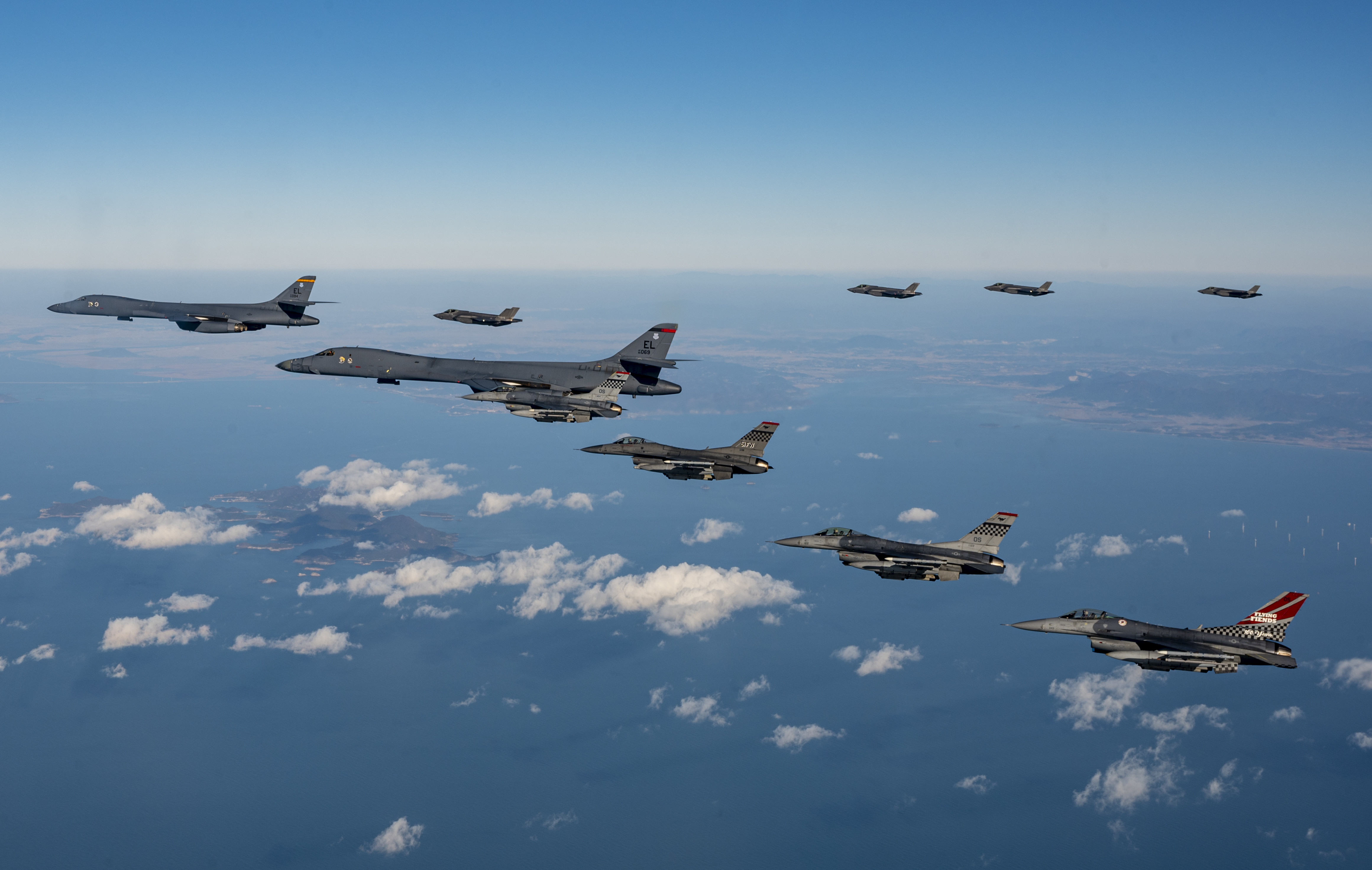 U.S. Air Force F-16 Fighting Falcons assigned to the 51st Fighter Wing joined with Indo-Pacific Command, B-1B Lancers, and South Korea F-35A Lightning IIs