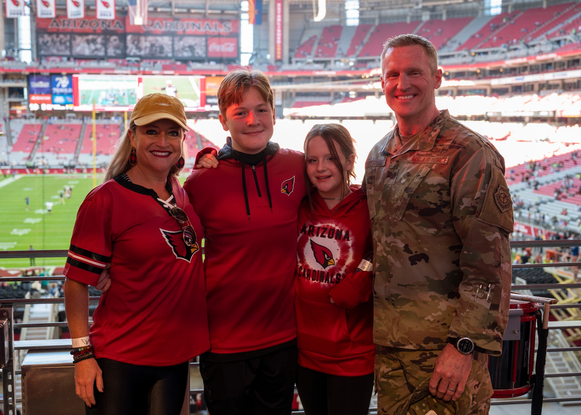 Brig. Gen. Jason Rueschhoff, 56th Fighter Wing commander, and his family attend the Arizona Cardinals Salute to Service event Nov. 6, 2022, at State Farm Stadium, Glendale, Arizona.