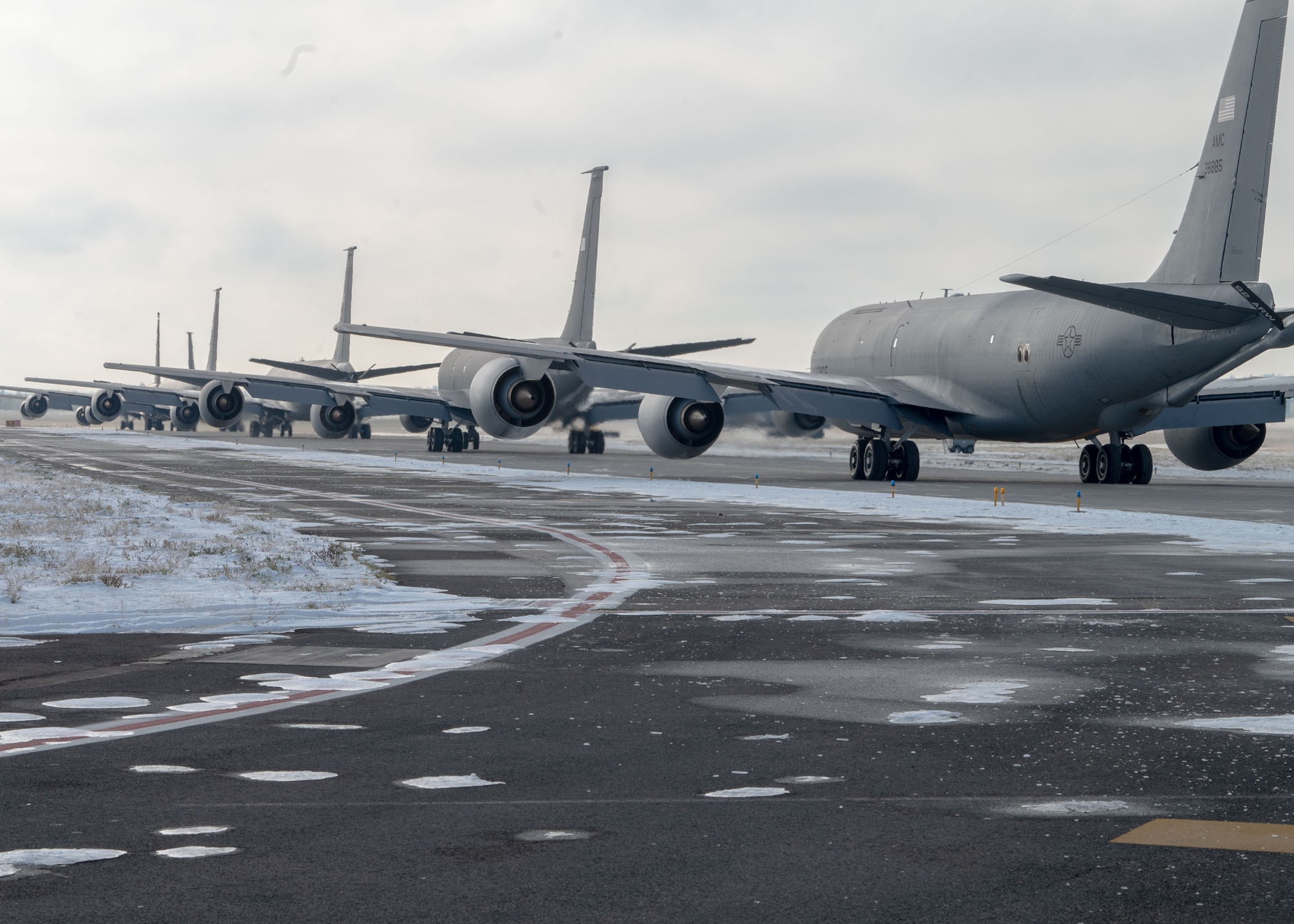 Multiple KC-135 Stratotankers prepare to taxi during Titan Fury 23-1 at Fairchild Air Force Base, Washington, Nov. 10, 2022. The KC-135 Stratotanker aircraft has been utilized for decades to extend global reach and deterrence through aerial refueling, ensuring the projection of U.S. air power and deterrence of potential adversaries. They fuel strategic bombers, mobility and fighter aircraft, and airborne national command centers. (U.S. Air Force photo by Airman 1st Class Stassney Davis)