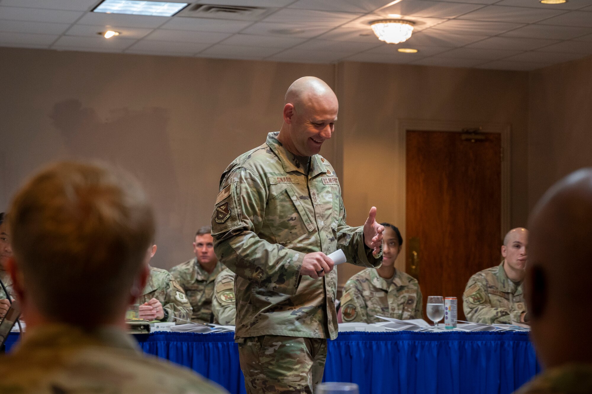 U.S. Air Force Chief Master Sgt. David Snarr, 47th Flying Training Wing command chief, speaks with senior noncommissioned officers during a SNCO Summit event at Laughlin Air Force Base, Texas, Nov. 3, 2022.